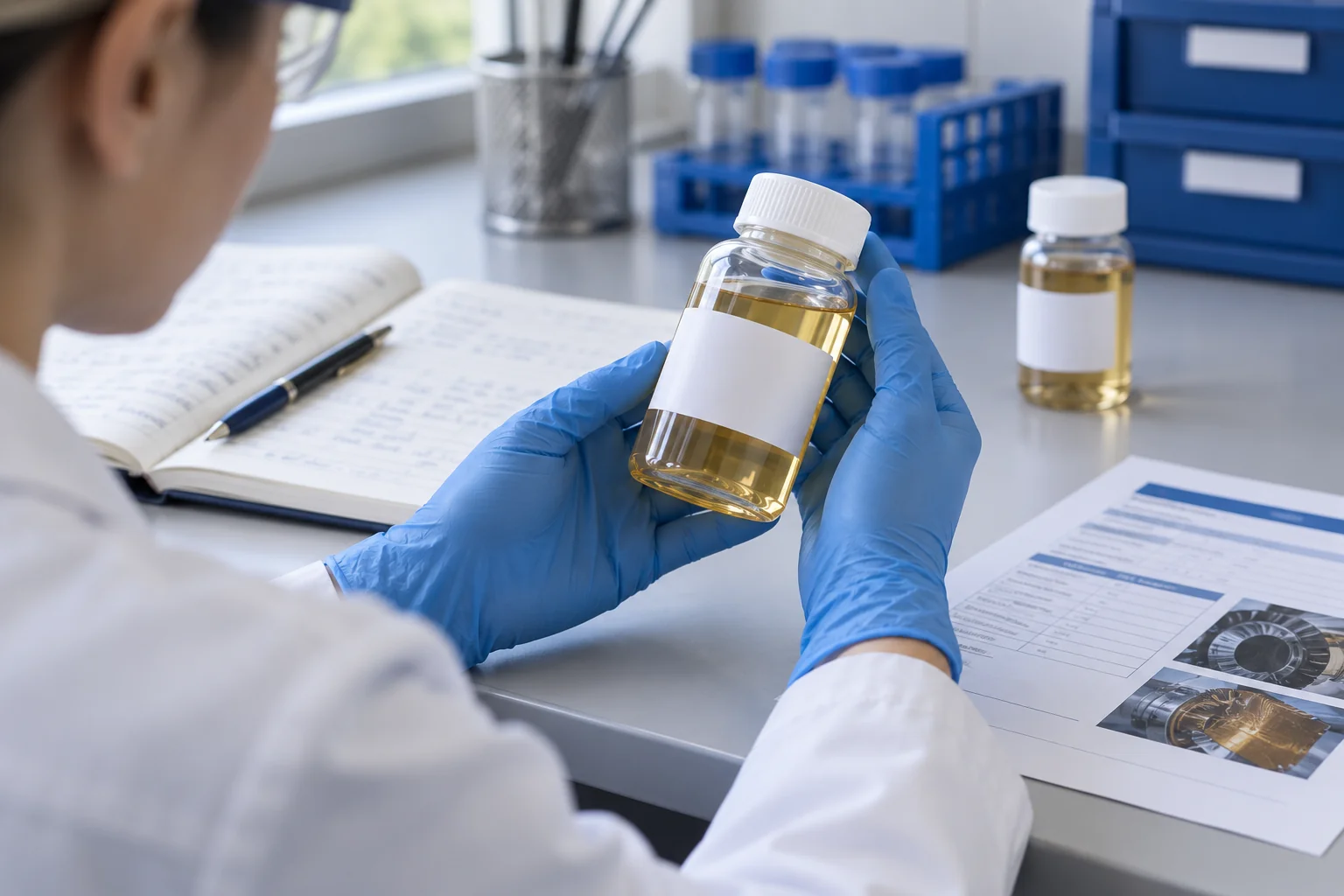 Analyst checking a sealed sample against its written record.