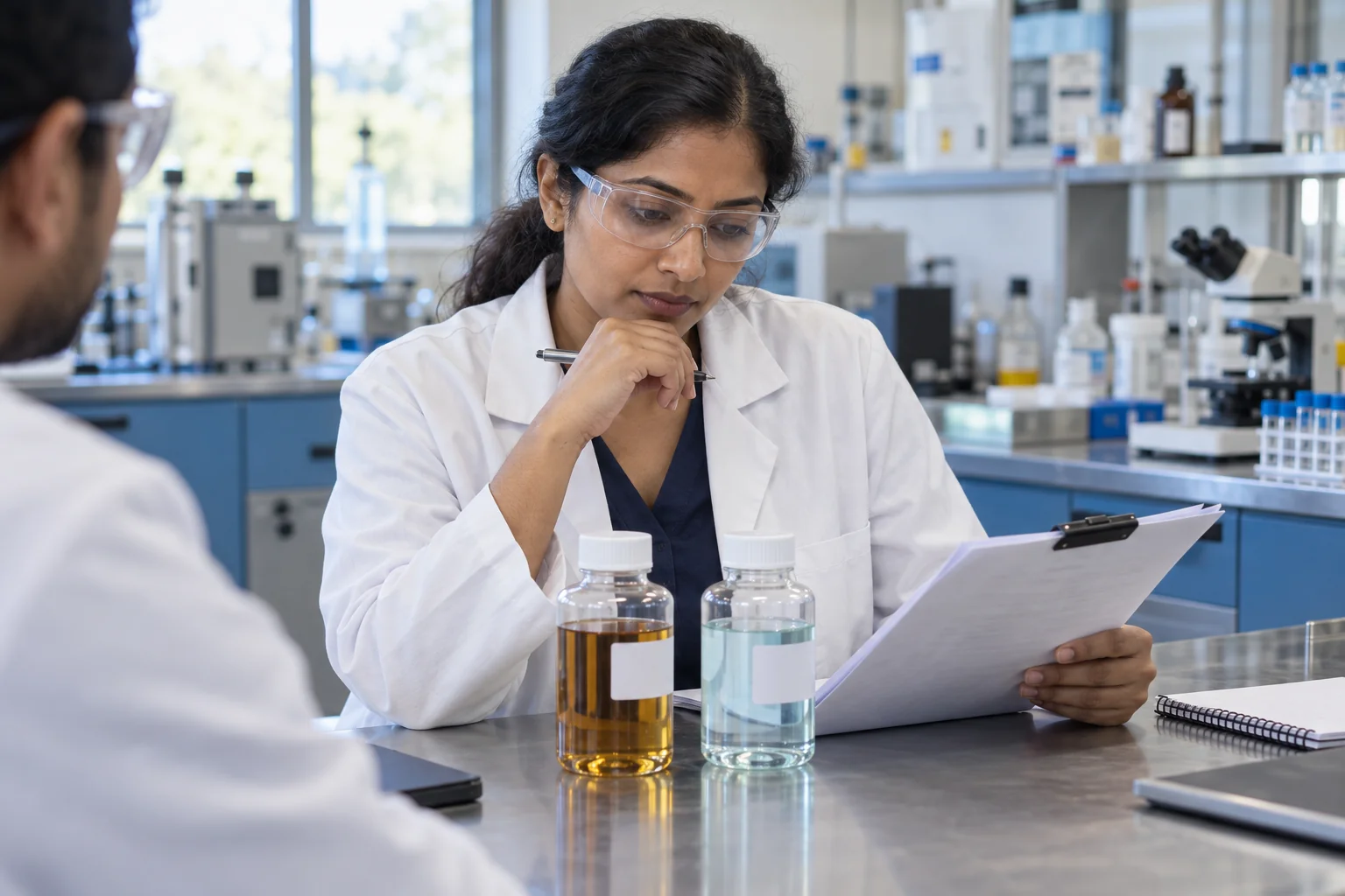 An analyst comparing a report with sealed fluid samples.
