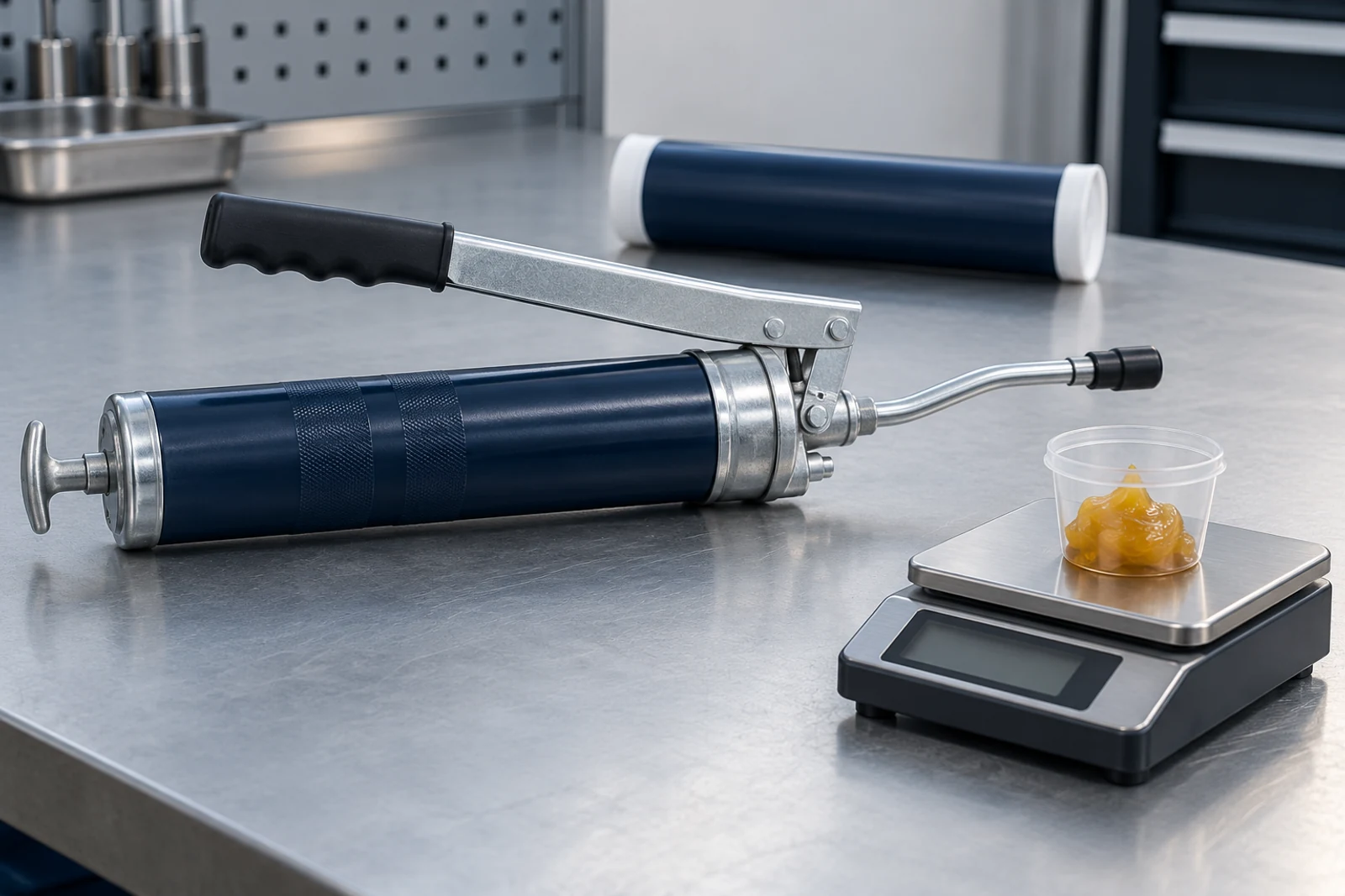Editorial illustration of grease gun output being checked by mass on a workshop scale.