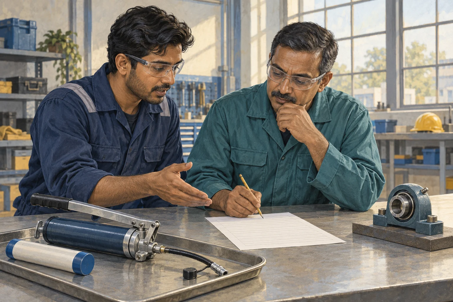 Editorial illustration of a technician and supervisor reviewing a task sheet beside a grease gun and an unpowered bearing training fixture