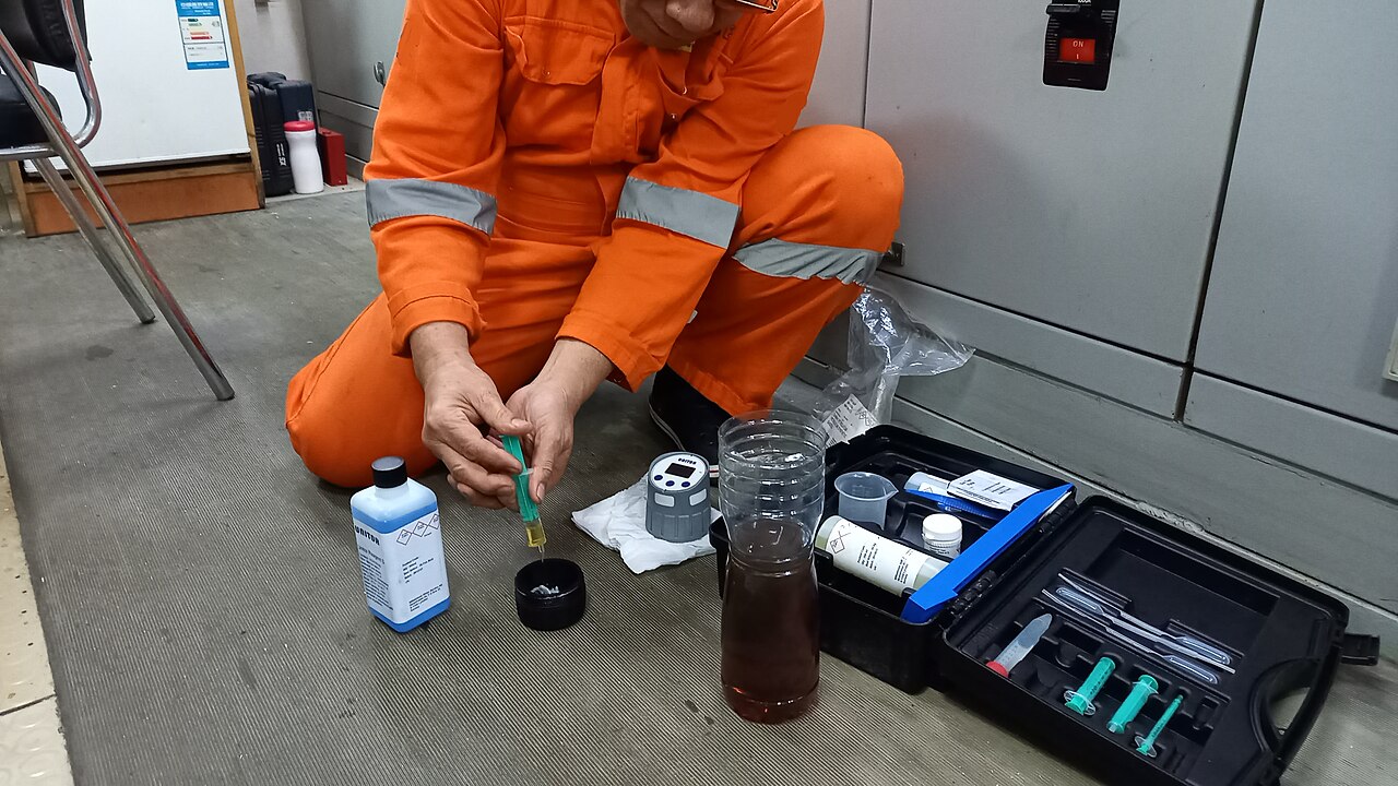 Ship engineer testing a lubricant sample with a field kit