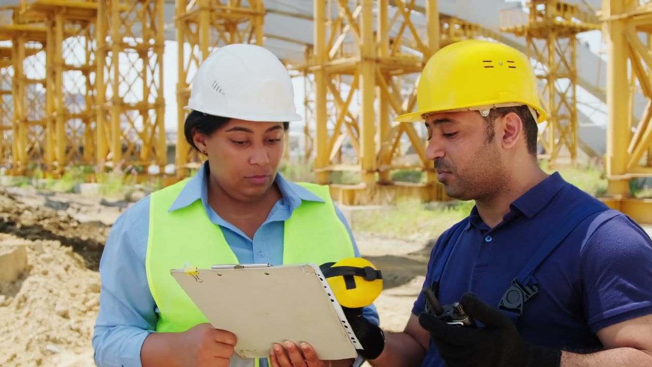 Two industrial professionals reviewing a document